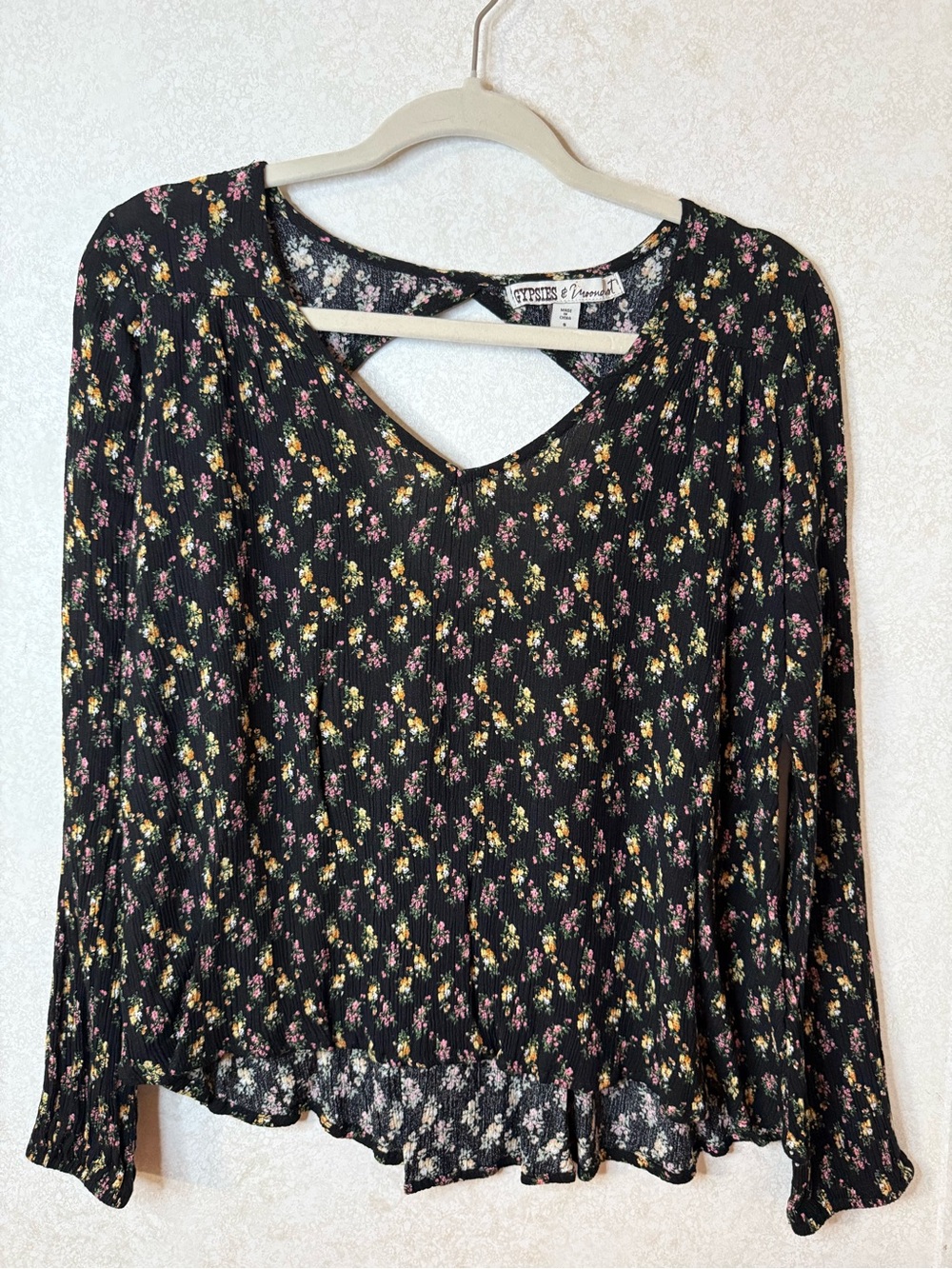 Gypsies & Moondust Black Floral V-Neck Long Sleeve Blouse